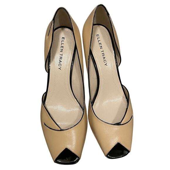 Nude Leather 8 Ellen Tracy Raleigh Pumps | Black Trim, Peep Toe Heels, NWOB $200 - Picture 1 of 12